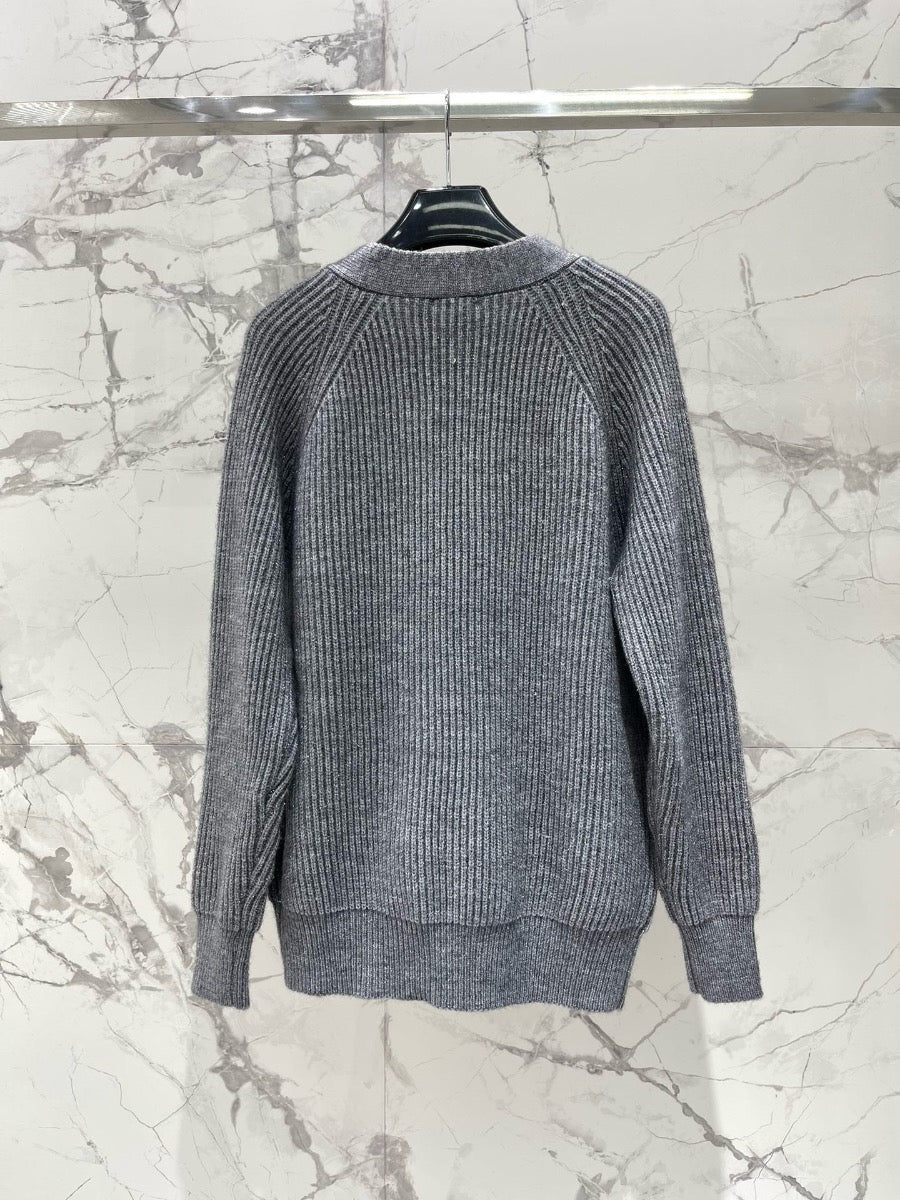 YSL V-Neck Knit Wool Cardigan with Silver Threads 0725022702