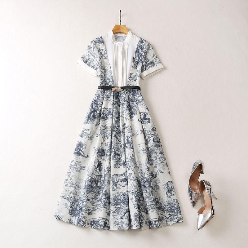 New Standing Collar Printed Large Swing Long Dress 1024030413