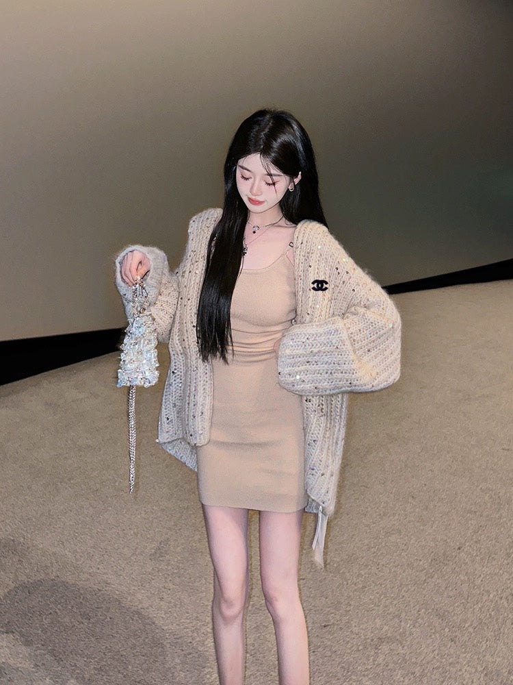 Sequin gradient hooded sweater cardigan jacket XC0823101705