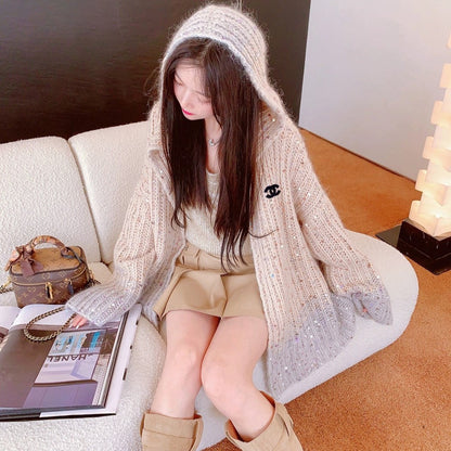 Sequin gradient hooded sweater cardigan jacket XC0823101705