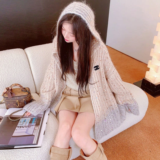 Sequin gradient hooded sweater cardigan jacket XC0823101705