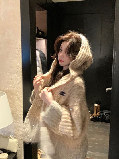 Sequin gradient hooded sweater cardigan jacket XC0823101705