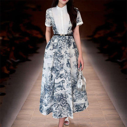New Standing Collar Printed Large Swing Long Dress 1024030413