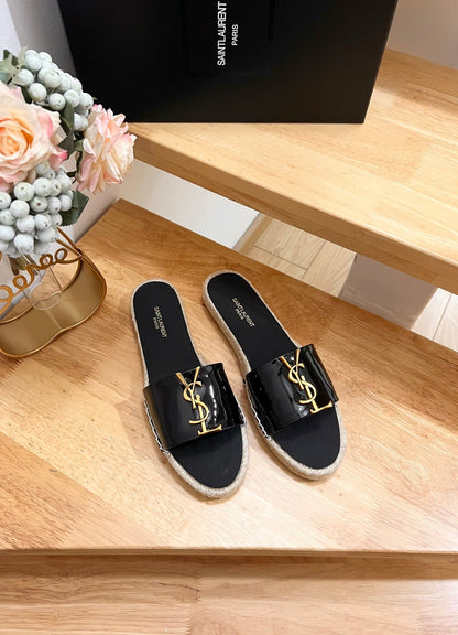 SL Fashionable Patent Leather Gold Letter LOGO Slippers 0724011103