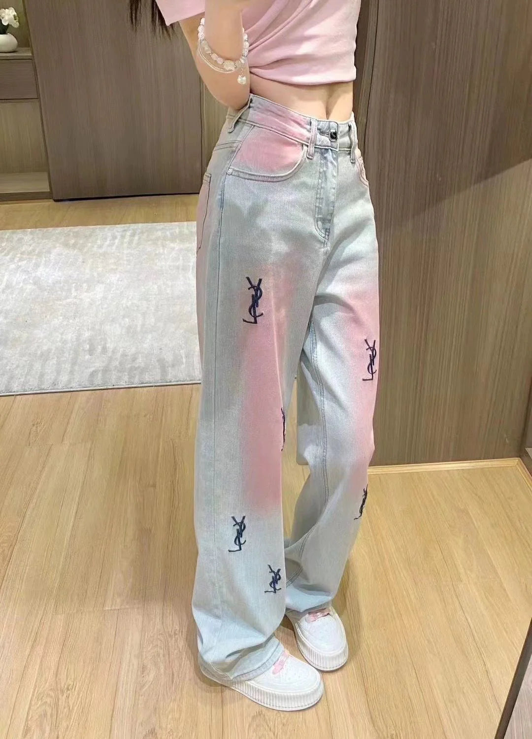 New High Waist Retro Trousers Gradient Pink Straight Jeans 1024031403