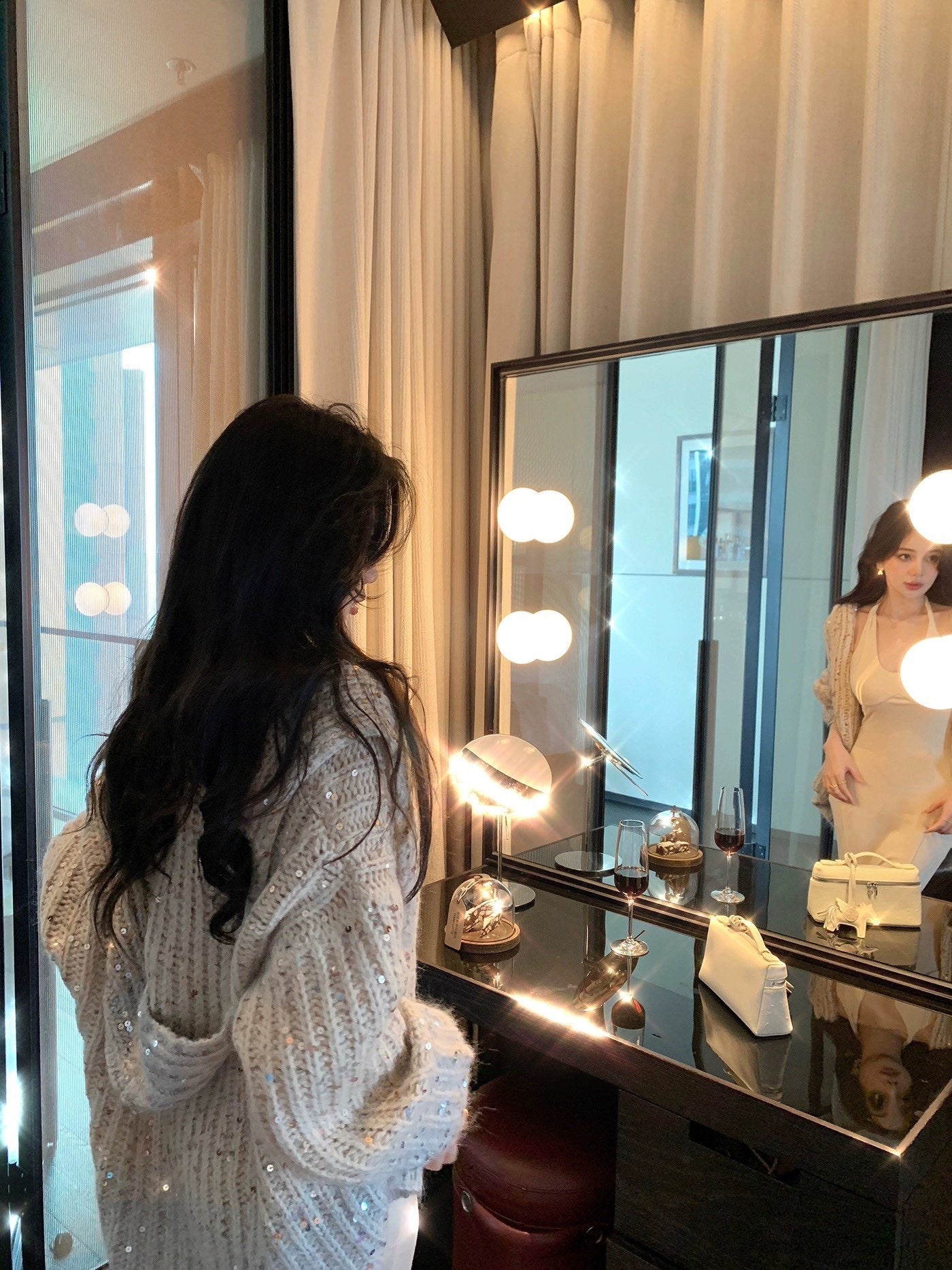 Sequin gradient hooded sweater cardigan jacket XC0823101705
