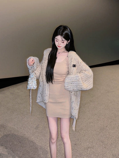 Sequin gradient hooded sweater cardigan jacket XC0823101705
